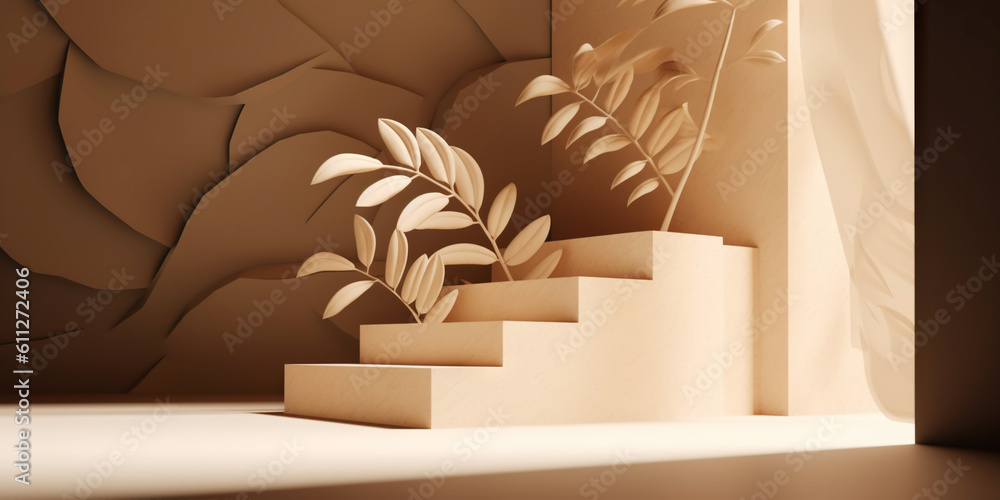 Beige podium for product display presentation. Sandstone and sandy colored plants. Generative AI