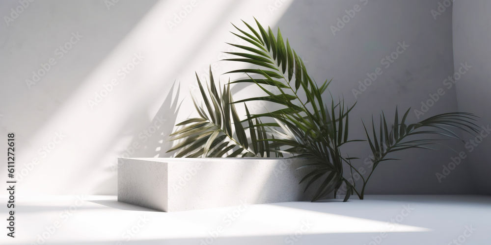 White product display podium with nature palm leaves. Generative AI