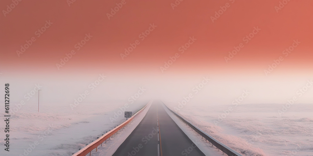 Minimalistic empty highway in winter. Road surrounded snow. Travel concept. Generative AI