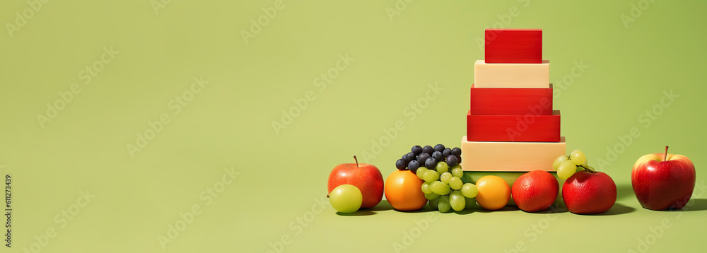 Equilibrium food balance diet concept. Balancing pyramid or tower of fruits. Generative AI