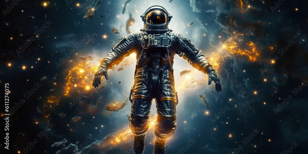 Portrait of astronaut floating in space with a asteroids, space rocks, burning sparks on backdrop. G