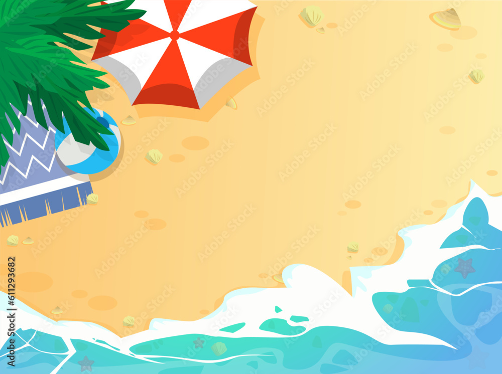 Summertime illustration, above view. Sea waves rolling onto sandy beach. Umbrella, ball, blanket and