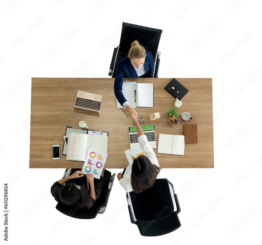 Top view of business people shaking hands after sealing a deal. High angle view of businesswomen han