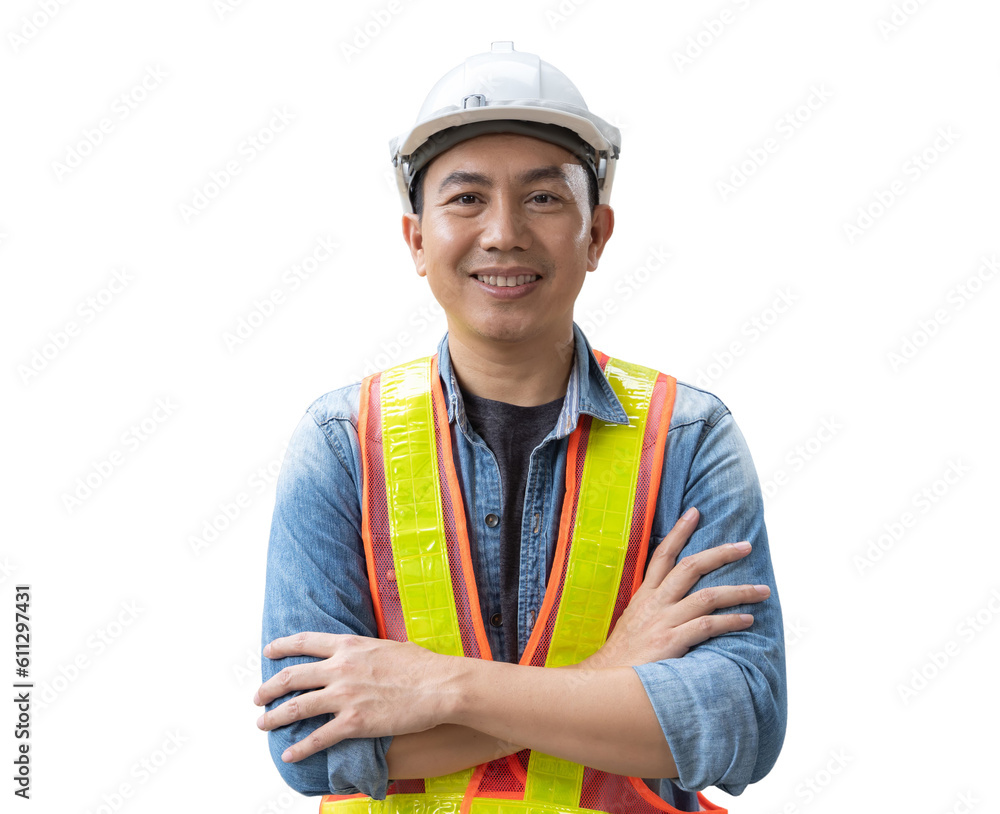 Portrait of Asian man engineer at building site looking at camera. Male construction manager wearing