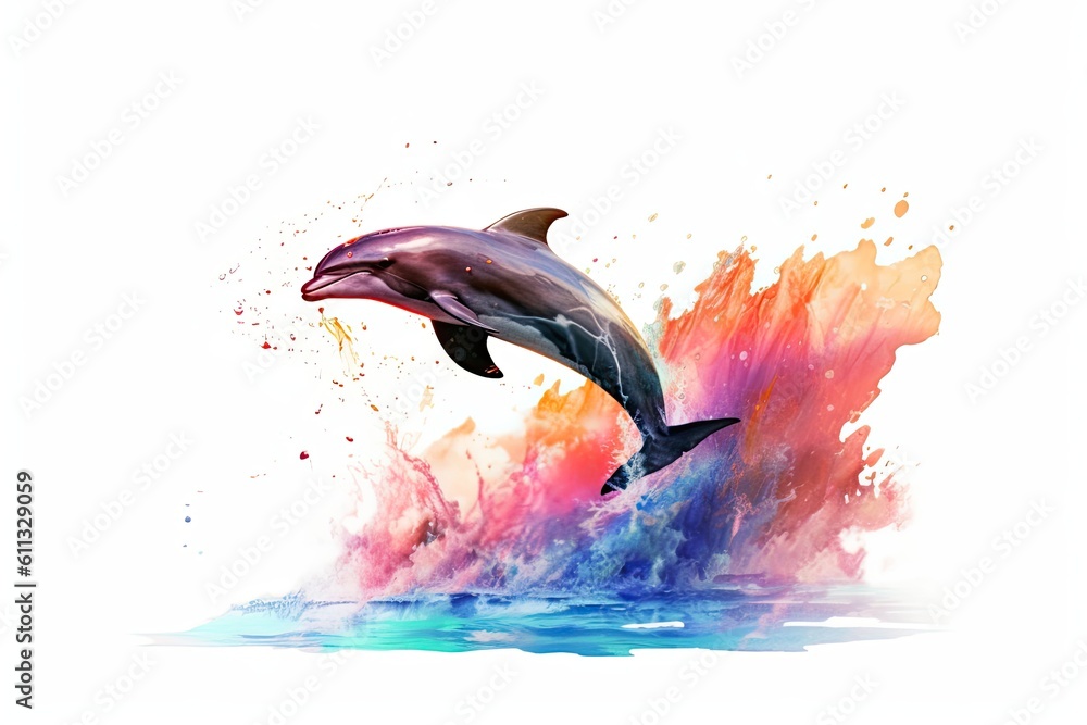 Dolphin jumps out of the water double exposure illustration - Generative AI.