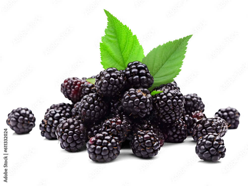 Blackberries in a pile isolated on a transparent or white background, png