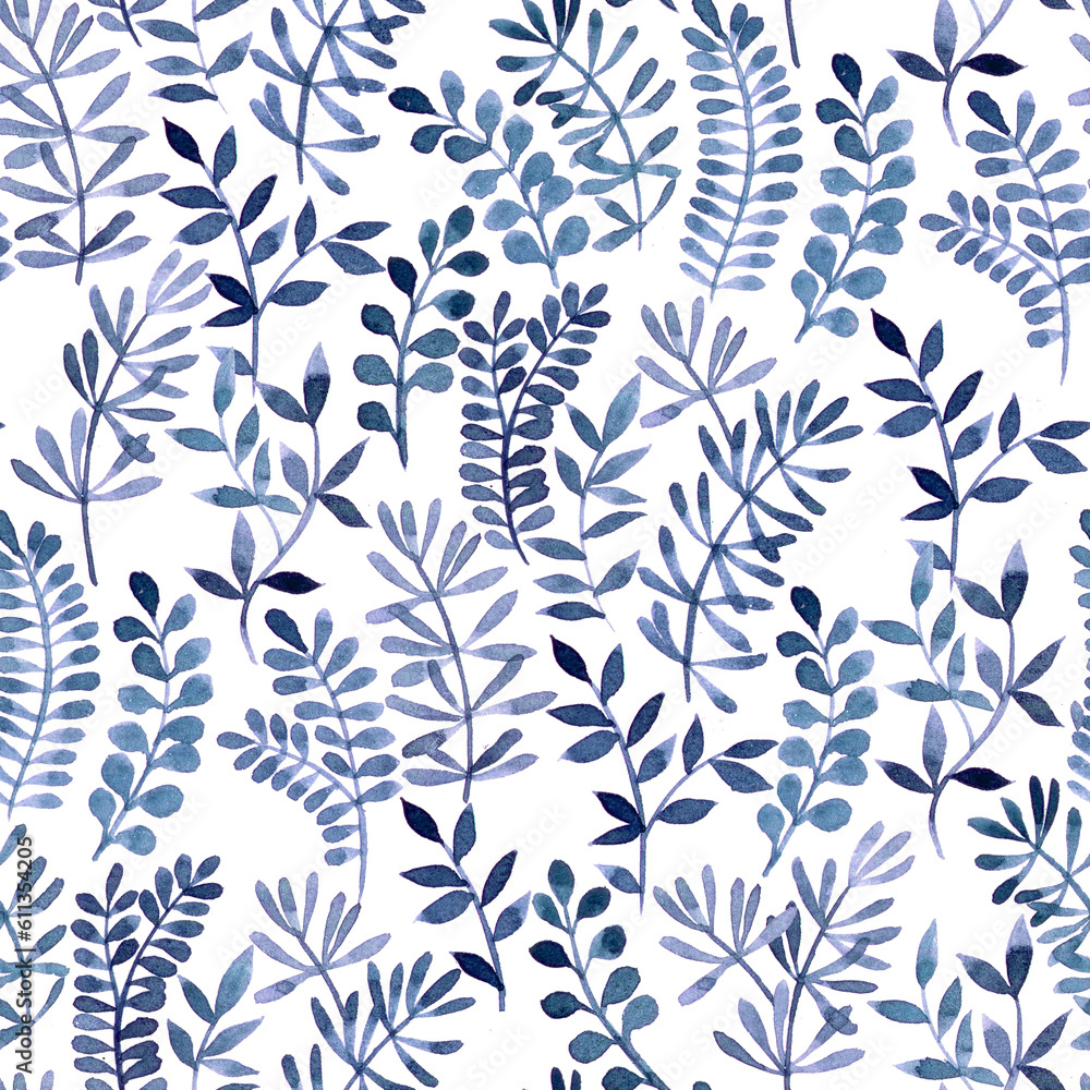 watercolor seamless pattern with abstract blue leaves, greenery on white background