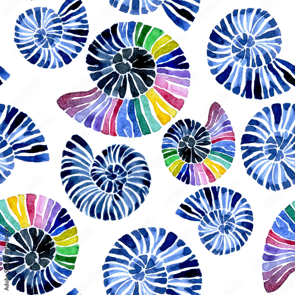 watercolor seamless pattern on a marine theme. bluer sea shells on a white background. abstract prin