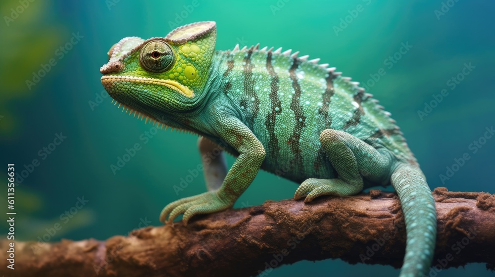 A green colored chameleon in nature. Generative Ai