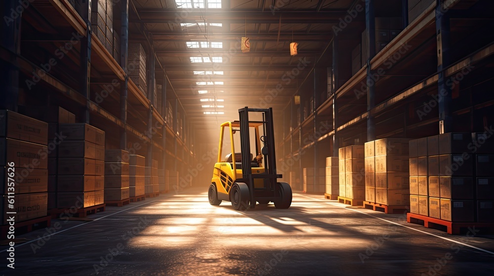 Forklift lifting product pallets in large warehouse. Generative Ai