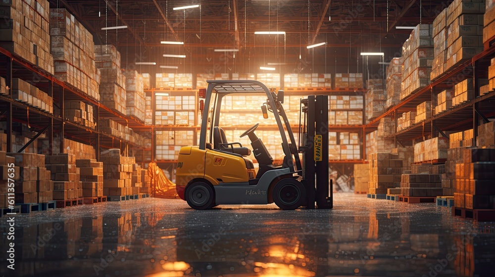 Forklift lifting product pallets in large warehouse. Generative Ai