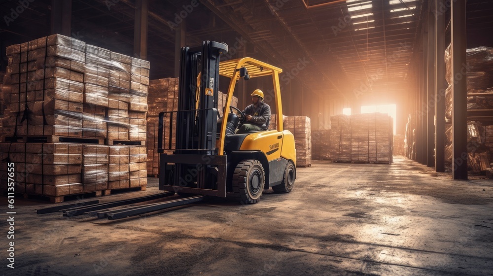 Forklift lifting product pallets in large warehouse. Generative Ai