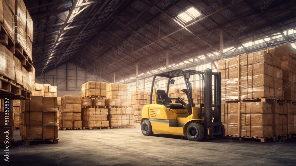 Forklift lifting product pallets in large warehouse. Generative Ai