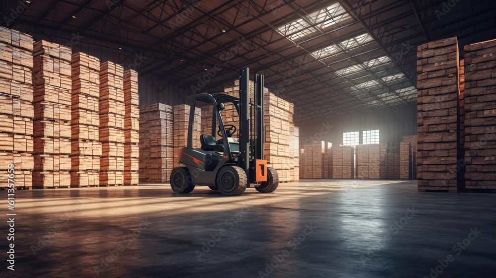 Forklift lifting product pallets in large warehouse. Generative Ai