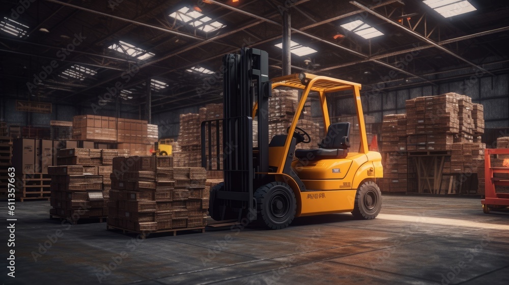 Forklift lifting product pallets in large warehouse. Generative Ai