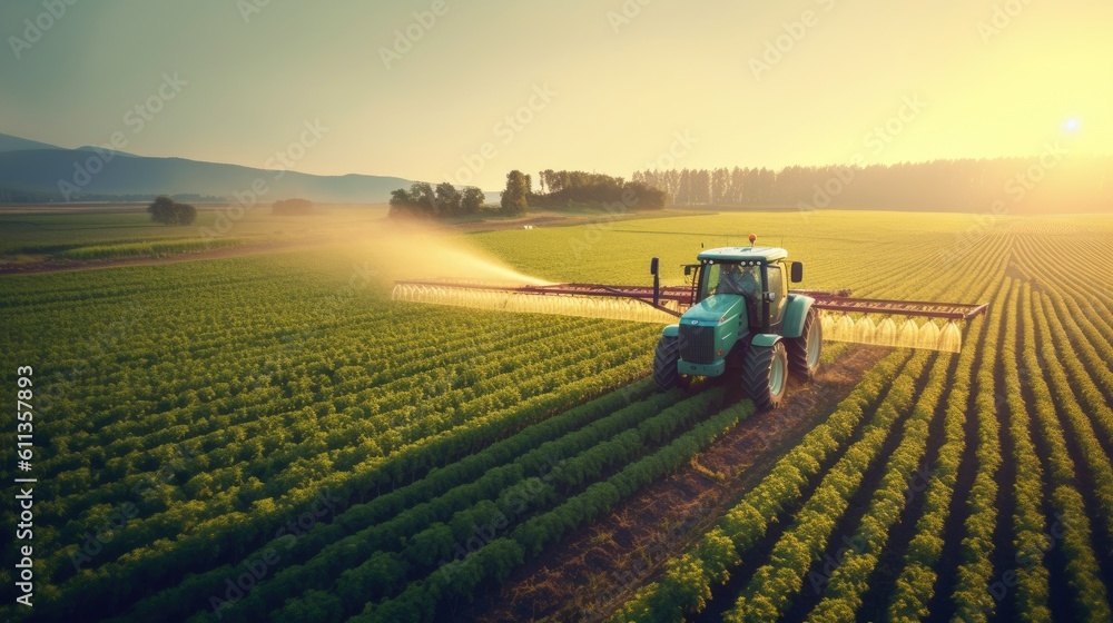 Aerial view of Tractor Spraying Pesticides on Green Soybean Plantation at Sunset. Generative Ai