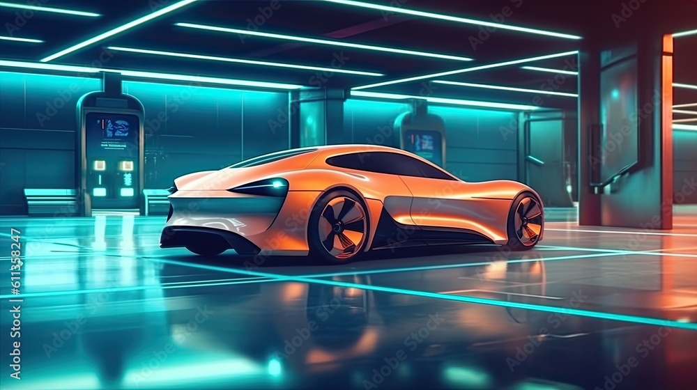 A futuristic electric car is connected to a charging station in the underground parking of the busin