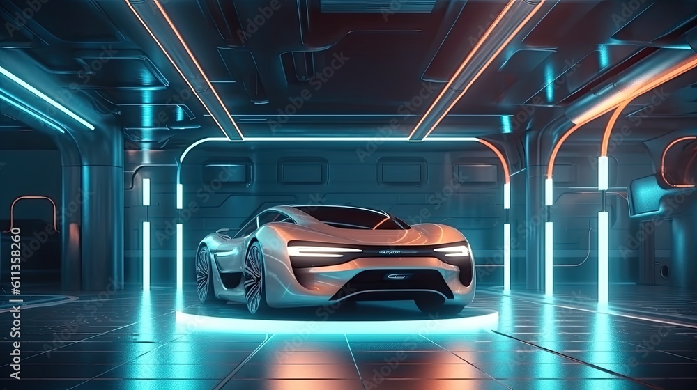 A futuristic electric car is connected to a charging station in the underground parking of the busin