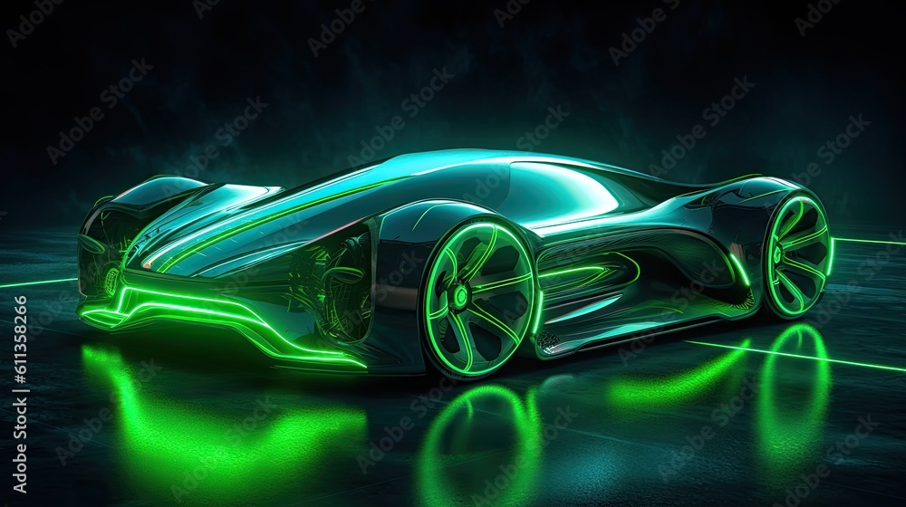 A futuristic electric car with motion green lighting. Automotive innovation and technology concepts.