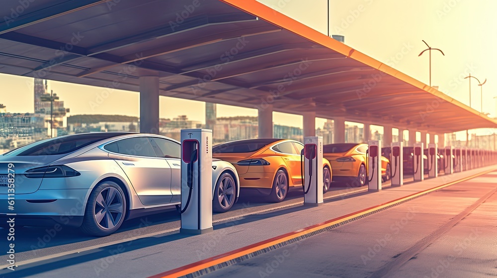 A line of electric cars charging at a public charging station. Concept car innovation. Generative A