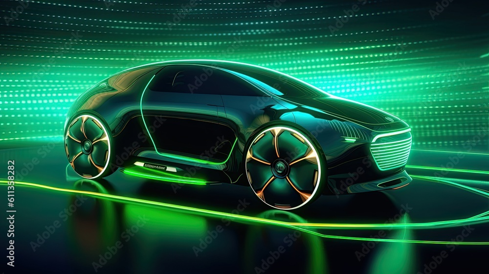 A futuristic electric car with motion green lighting. Automotive innovation and technology concepts.