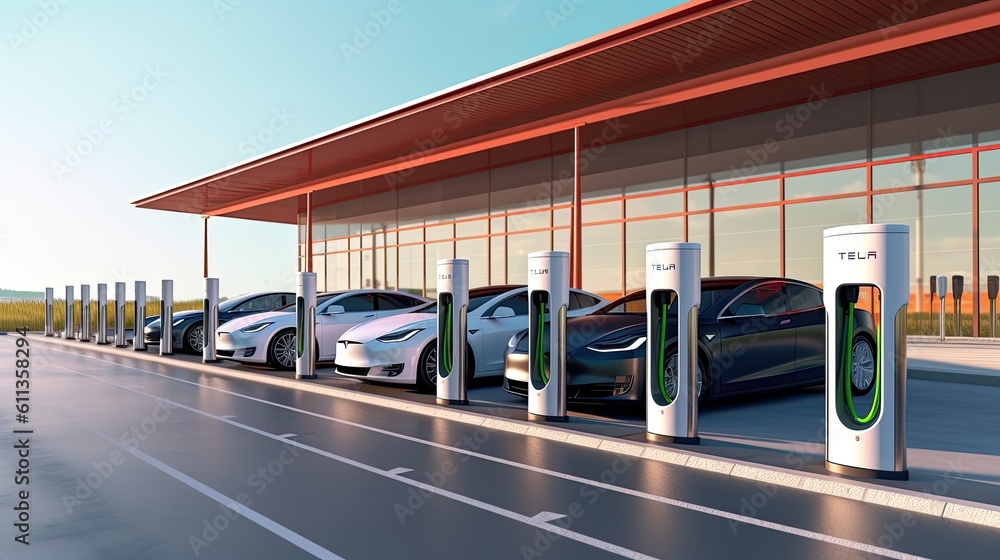 A line of electric cars charging at a public charging station. Concept car innovation. Generative A