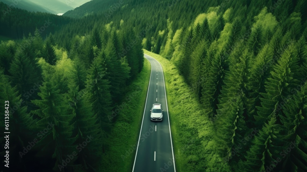 Aerial view of Electric car and EV electrical energy for environment, EV car on forest road. Ecosyst