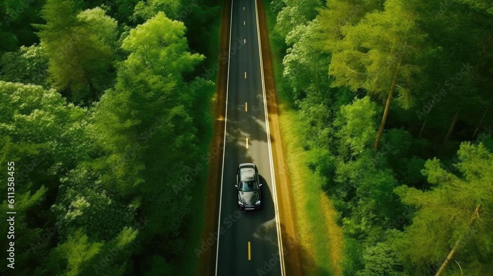 Aerial view of Electric car and EV electrical energy for environment, EV car on forest road. Ecosyst