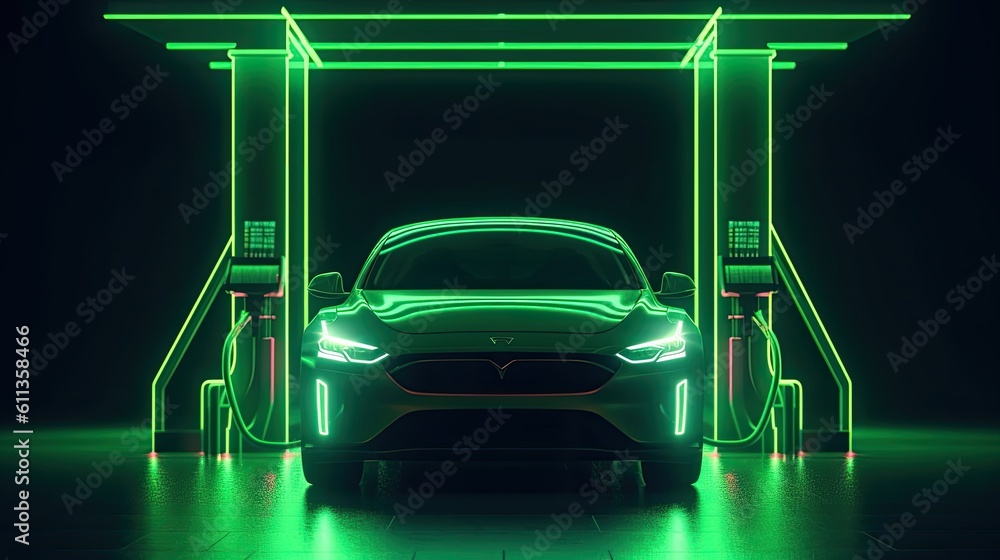 An Electric car at charging station. Front view electric car silhouette with green glowing on dark b