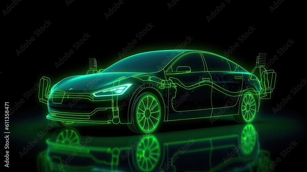 An Electric car at charging station. Front view electric car silhouette with green glowing on dark b