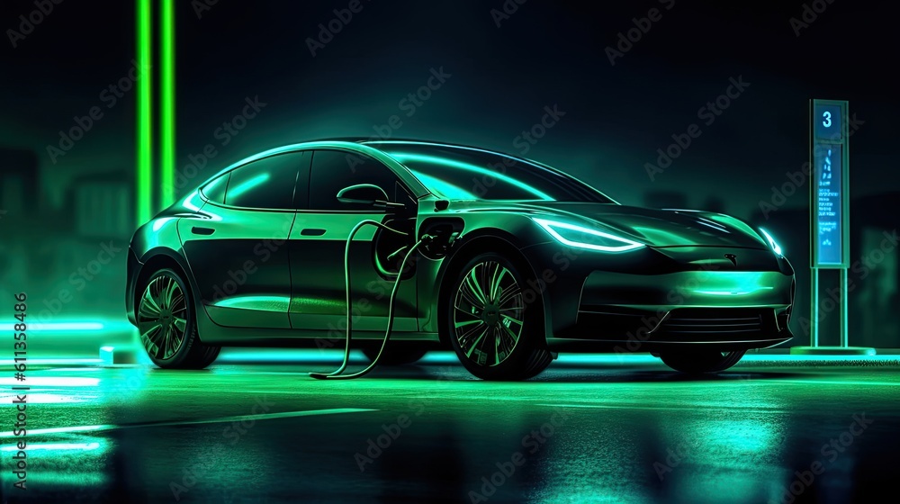 An Electric car at charging station. Front view electric car silhouette with green glowing on dark b