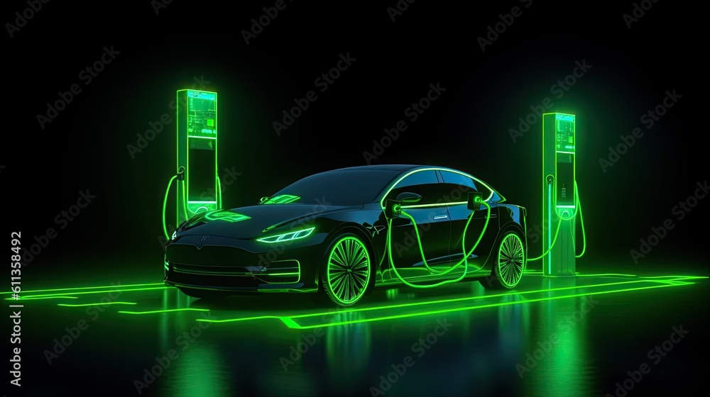 An Electric car at charging station. Front view electric car silhouette with green glowing on dark b