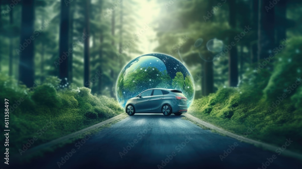 An Electric car energy for environment, EV car on forest road with earth planet going through forest