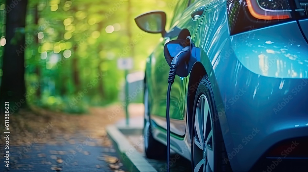 An EV Car or Electric vehicle at charging station with the power cable supply plugged in nature. Eco