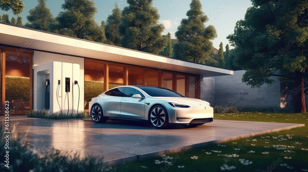 An electric car plugged in outside house. Concept car innovation. Generative Ai