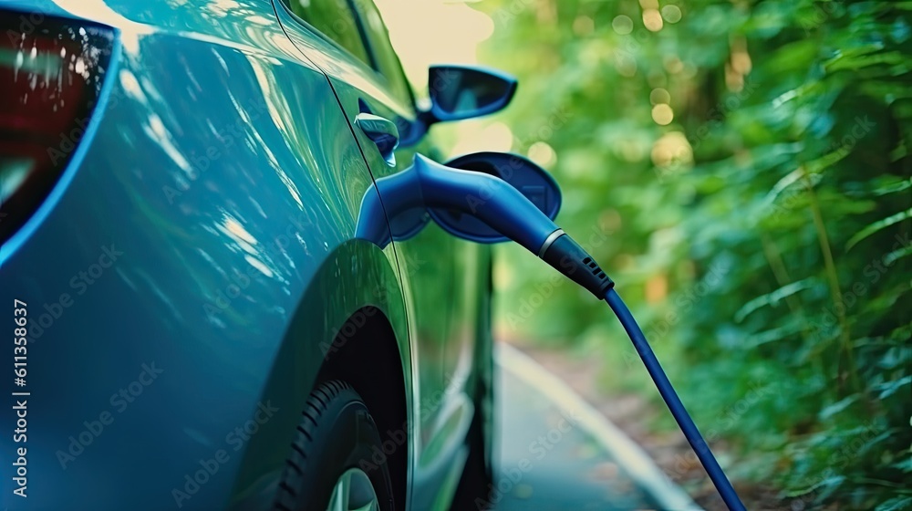 An EV Car or Electric vehicle at charging station with the power cable supply plugged in nature. Eco