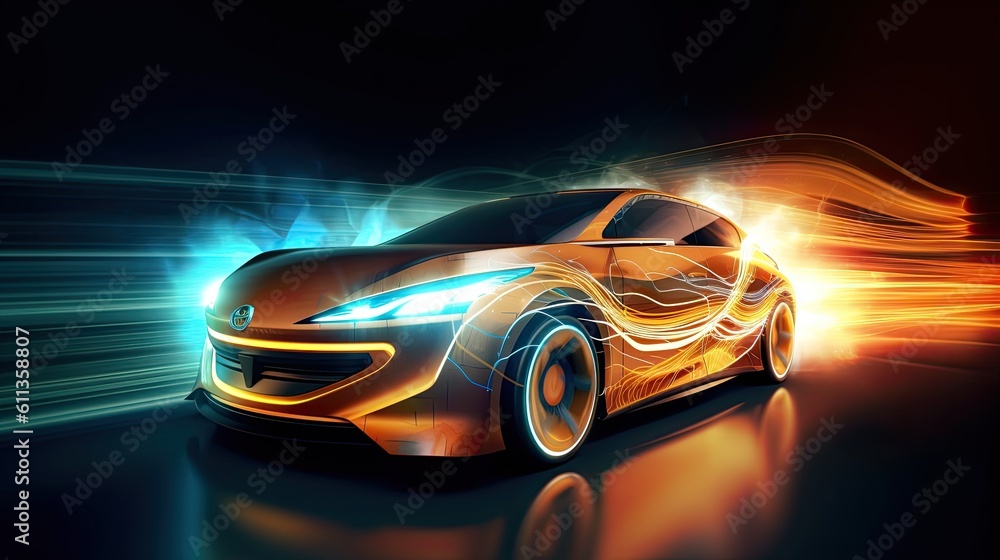 An EV car with motion lighting. Automotive innovation and technology concepts. Generative Ai