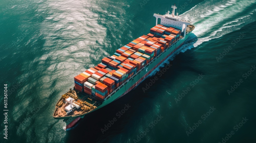 Aerial view of Container cargo ship in sea. Cargo Ship. Generative ai