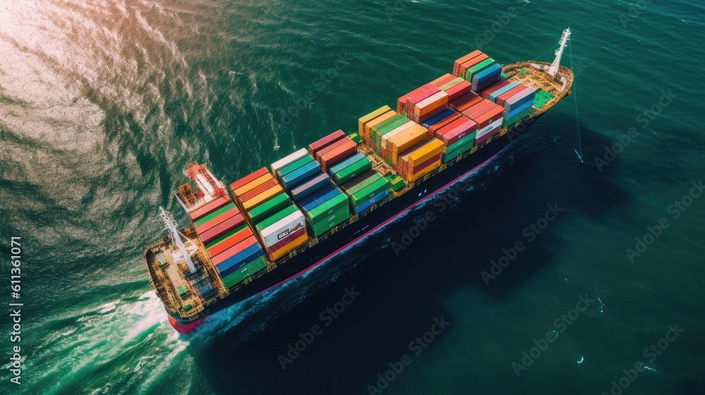 Aerial view of Container cargo ship in sea. Cargo Ship. Generative ai