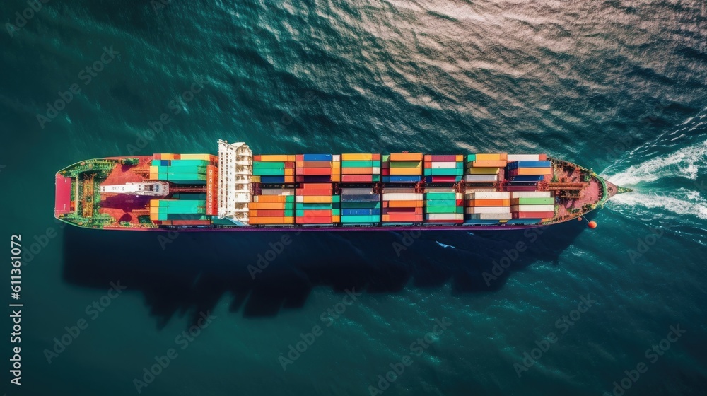 Top view of Container cargo ship in sea. Cargo Ship. Generative ai