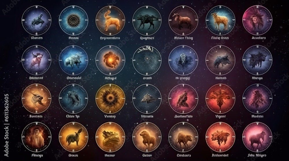 Set of magical zodiac signs in universe. concept, belief, fortune teller. Generative Ai