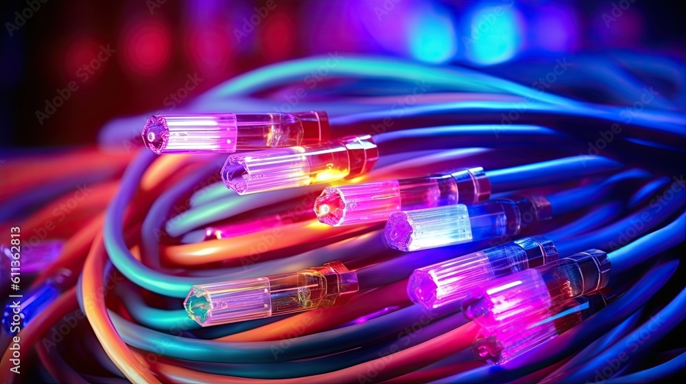 Colored electric cables and led. Optical fiber, background for technology image and new business tre