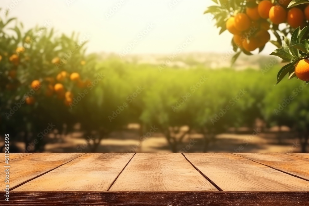 Empty wood table with free space over orange trees, Orange field background, AI generated.