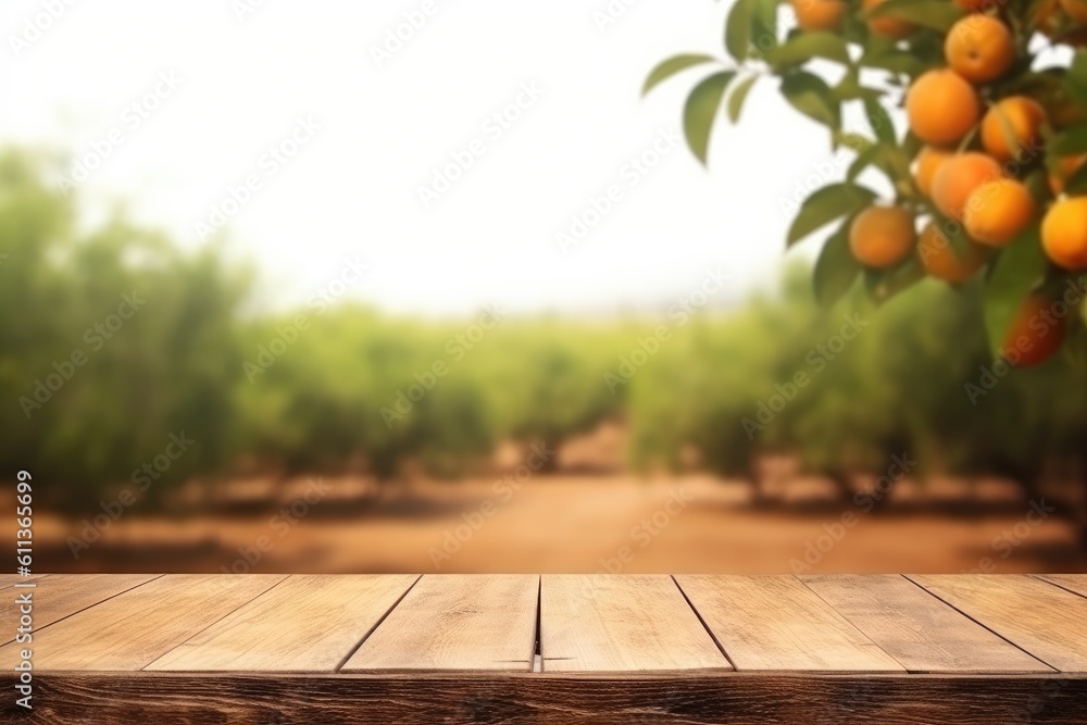 Wooden floor and orange trees covered with orange fruits, Orange field background, AI generated.