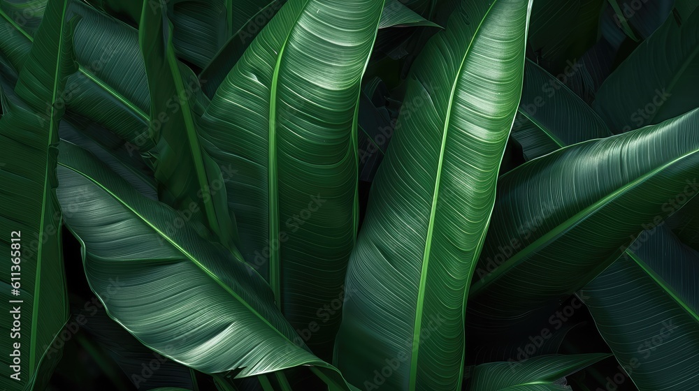 Tropical banana leaf texture, Dark green background, AI generated.