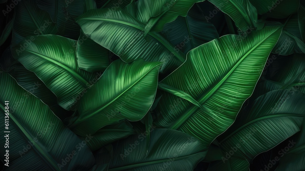 Green banana leaf texture background, AI generated.