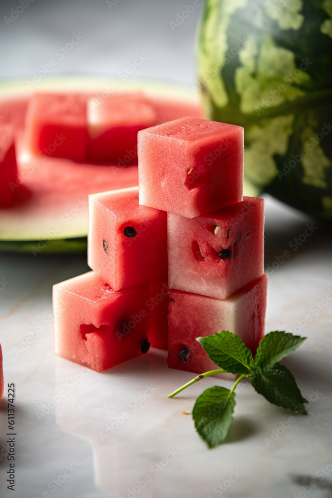 Sliced sweet watermelon of red color. Watermelon fruit cube slice. Close up of watermelon cut in sma