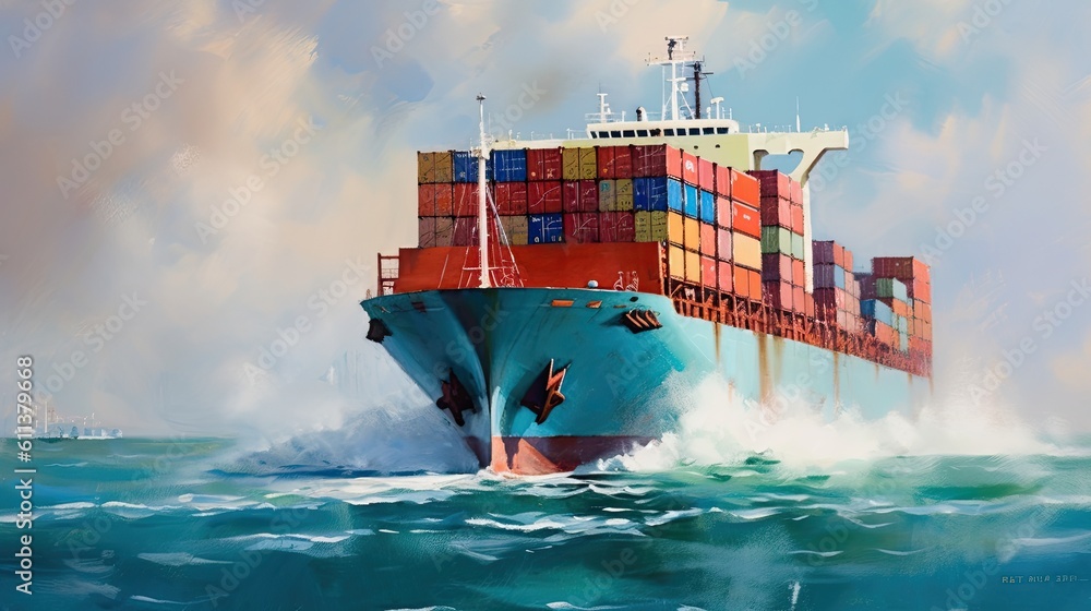 Container cargo ship in sea. Oil paint. Generative ai