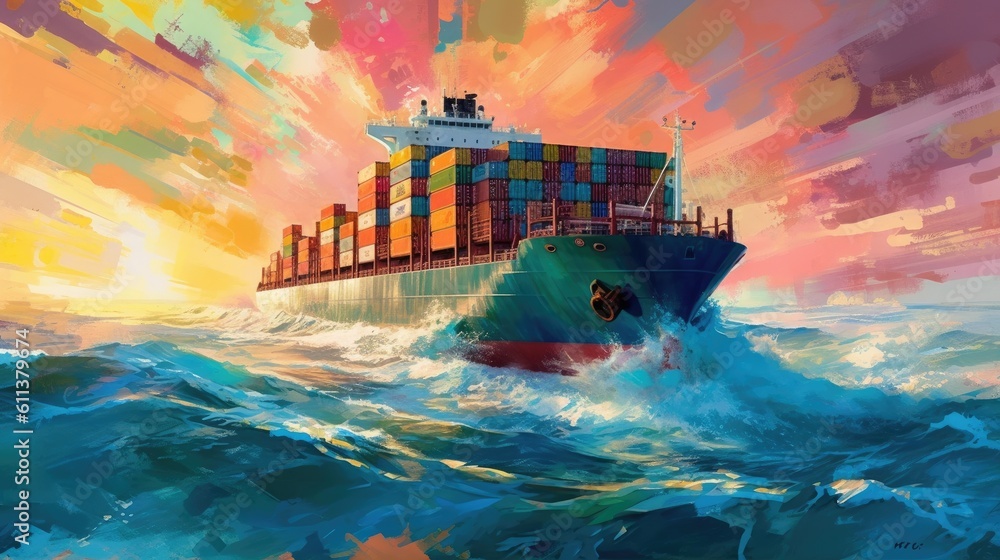 Container cargo ship in sea. Oil paint. Generative ai