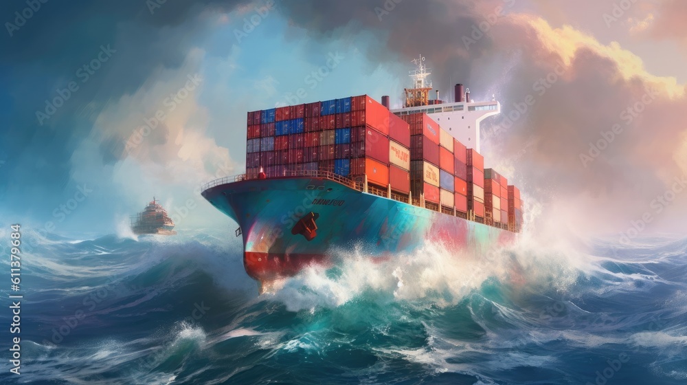 Cargo Ship. Container cargo ship in sea. Generative ai